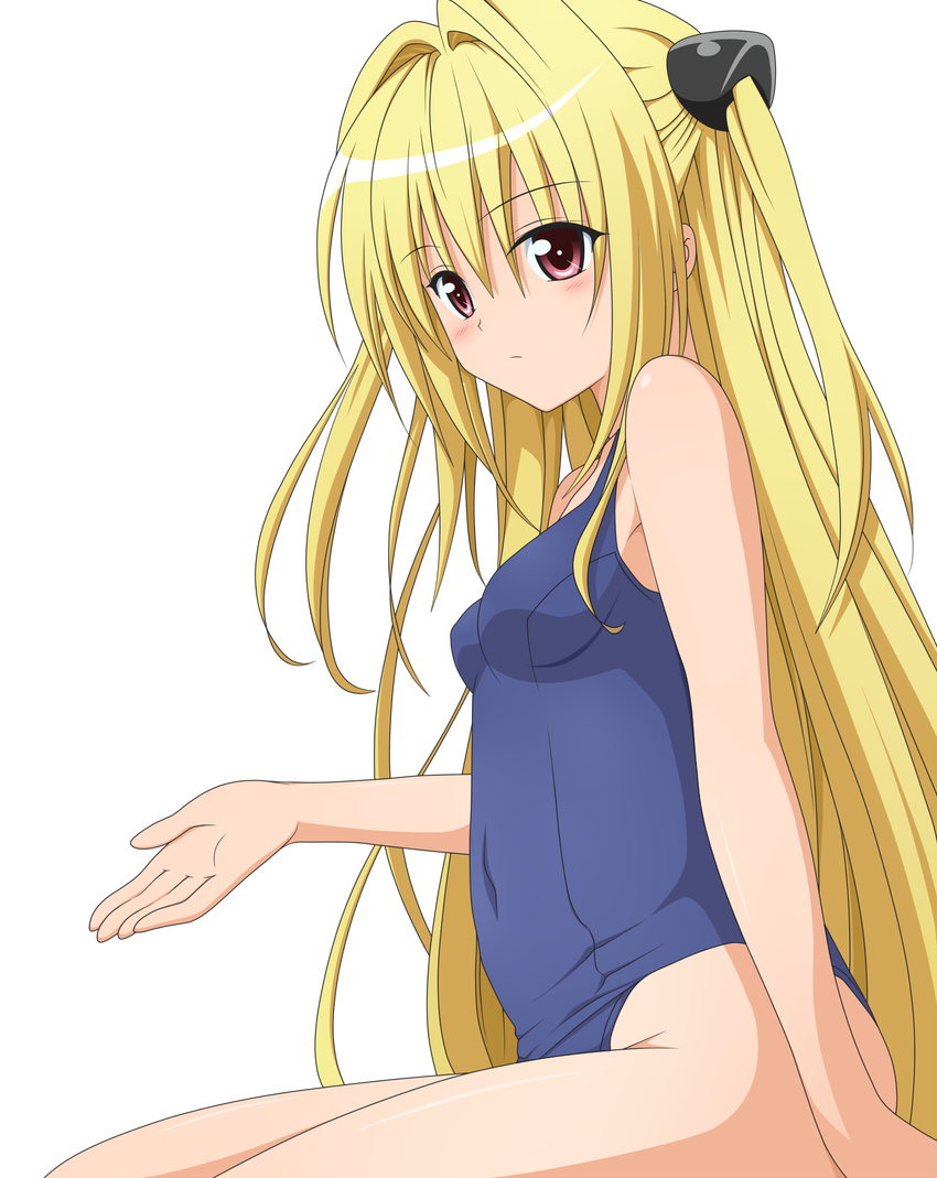 blonde_hair blush colorized highres konjiki_no_yami long_hair one-piece_swimsuit red_eyes school_swimsuit shige_(moe-ren.net) sitting solo swimsuit to_love-ru to_love-ru_darkness transparent_background two_side_up very_long_hair yabuki_kentarou