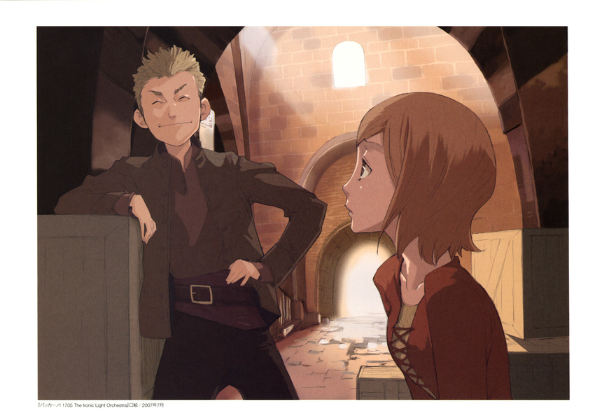 1girl baccano! blonde_hair brown_eyes brown_hair closed_eyes elmer_albatross enami_katsumi highres nikki_(baccano!) official_art scan short_hair smile