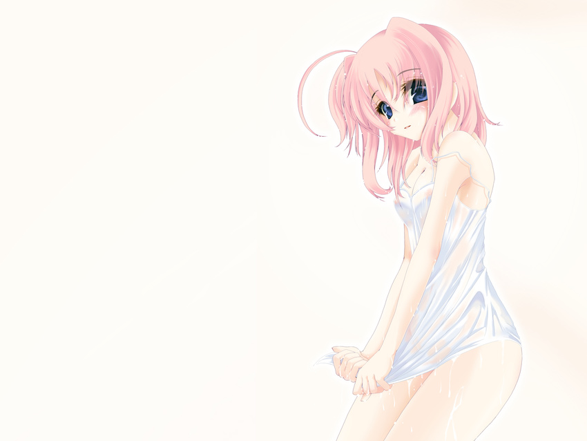 ahoge blue_eyes blush breasts camisole caro_ru_lushe cleavage frapowa highres lyrical_nanoha mahou_shoujo_lyrical_nanoha_strikers medium_breasts nipples no_bra no_panties pink_hair see-through solo strap_slip wet