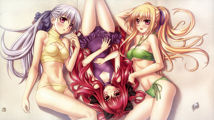 :d absurdres beach bikini blonde_hair blush breasts casual_one-piece_swimsuit cleavage cleavage_cutout corticarte_apa_lagranges crease embarrassed flat_chest frilled_swimsuit frills from_above hair_intakes hair_ribbon highres kannatsuki_noboru large_breasts legs lineup long_hair lowleg lowleg_bikini lying multiple_girls official_art on_back on_side one-piece_swimsuit open_mouth outdoors pink_eyes ponytail red_eyes red_hair ribbon scan seashell shell shinkyoku_soukai_polyphonica siblings side-tie_bikini silver_hair sisters smile sports_bikini swimsuit take_your_pick thigh_gap turtleneck twintails underboob very_long_hair yugiri_perserte yugiri_princesca