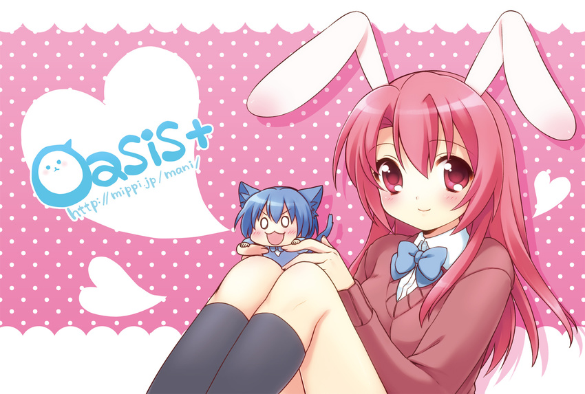 :3 animal_ears blue_bow blue_hair blush bow bunny_ears cat cat_ears cat_tail chibi heart holding kneehighs long_hair looking_at_viewer multiple_girls onka open_mouth original pink_background pink_hair polka_dot polka_dot_background red_sweater sakura_(usashiro_mani) short_hair sitting smile sweater tail usashiro_mani watermark web_address