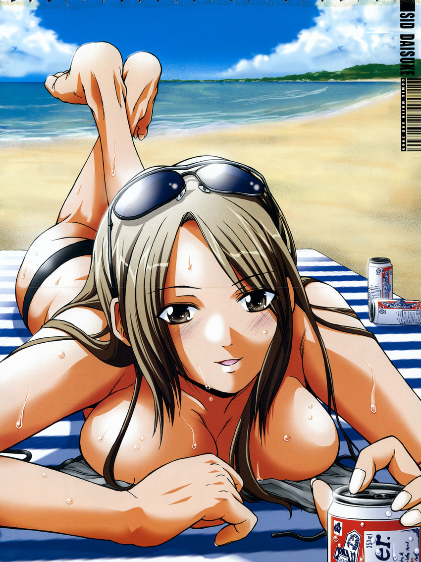 alcohol barefoot beach beer beer_can bikini breasts budweiser can cleavage cloud daisuke_sid day eyewear_on_head highres large_breasts lying non-web_source ocean on_stomach open_mouth original outdoors sky solo sunglasses swimsuit water wet