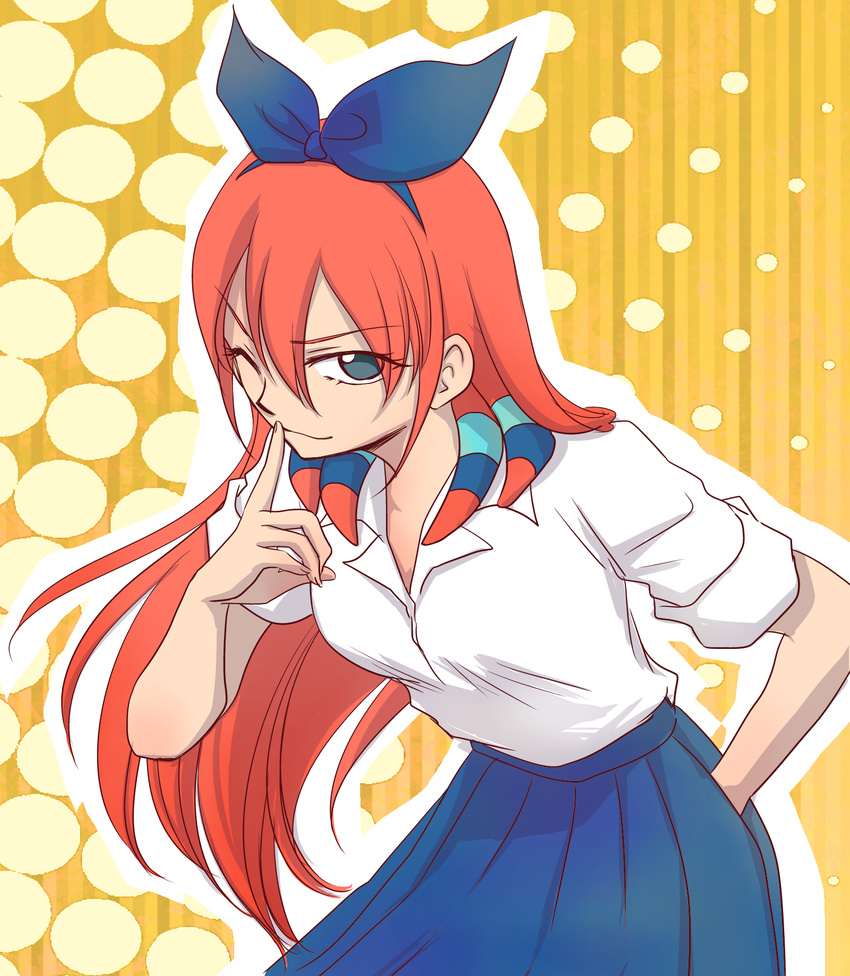 finger_to_mouth green_eyes hair_ribbon hand_in_pocket highres inazuma_eleven_(series) inazuma_eleven_go long_hair one_eye_closed raccco red_hair ribbon school_uniform seto_midori sleeves_rolled_up solo