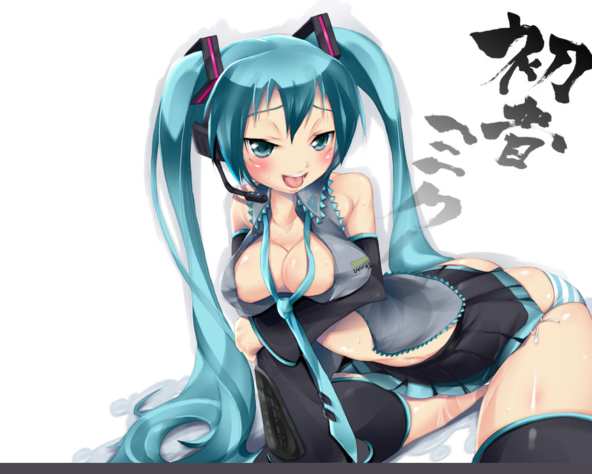 aqua_eyes aqua_hair blush breast_hold breasts cleavage detached_sleeves hatsune_miku imazon long_hair medium_breasts microphone necktie open_clothes open_shirt panties shirt side-tie_panties sitting skirt smile solo striped striped_panties thighhighs tongue twintails underwear vocaloid