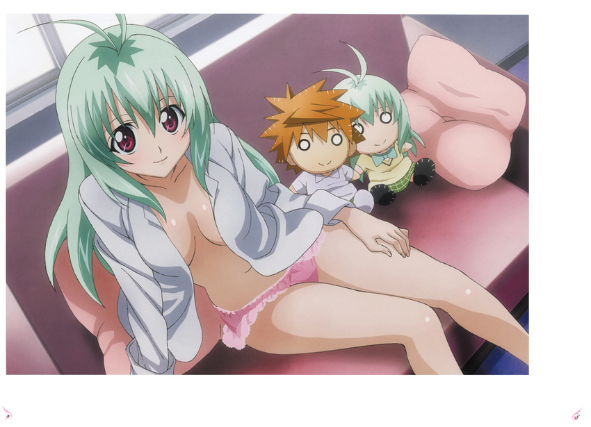 blush green_hair long_hair no_bra open_shirt pantsu run_elsie_jewelria scanning_dust to_love-ru yuuki_rito