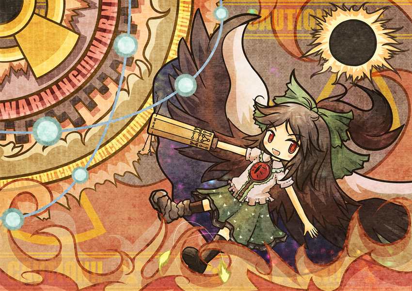 akihiyo arm_cannon black_sun blush_stickers brown_hair cape caution chibi fire hair_ribbon light_smile long_hair mismatched_footwear no_nose outstretched_arm red_eyes reiuji_utsuho ribbon skirt smile solo sun thighhighs touhou weapon wings