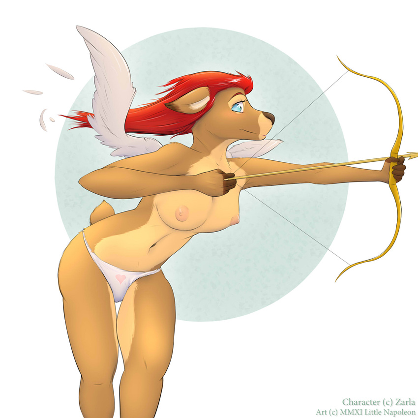 &hearts; angel anthro arrow aydry blue_eyes bow_(weapon) bow_and_arrow breasts camel_toe cervine clothed clothing deer doe feathers female hair half-dressed littlenapoleon looking_at_viewer mammal nipples panties ranged_weapon red_hair solo topless underwear weapon wings