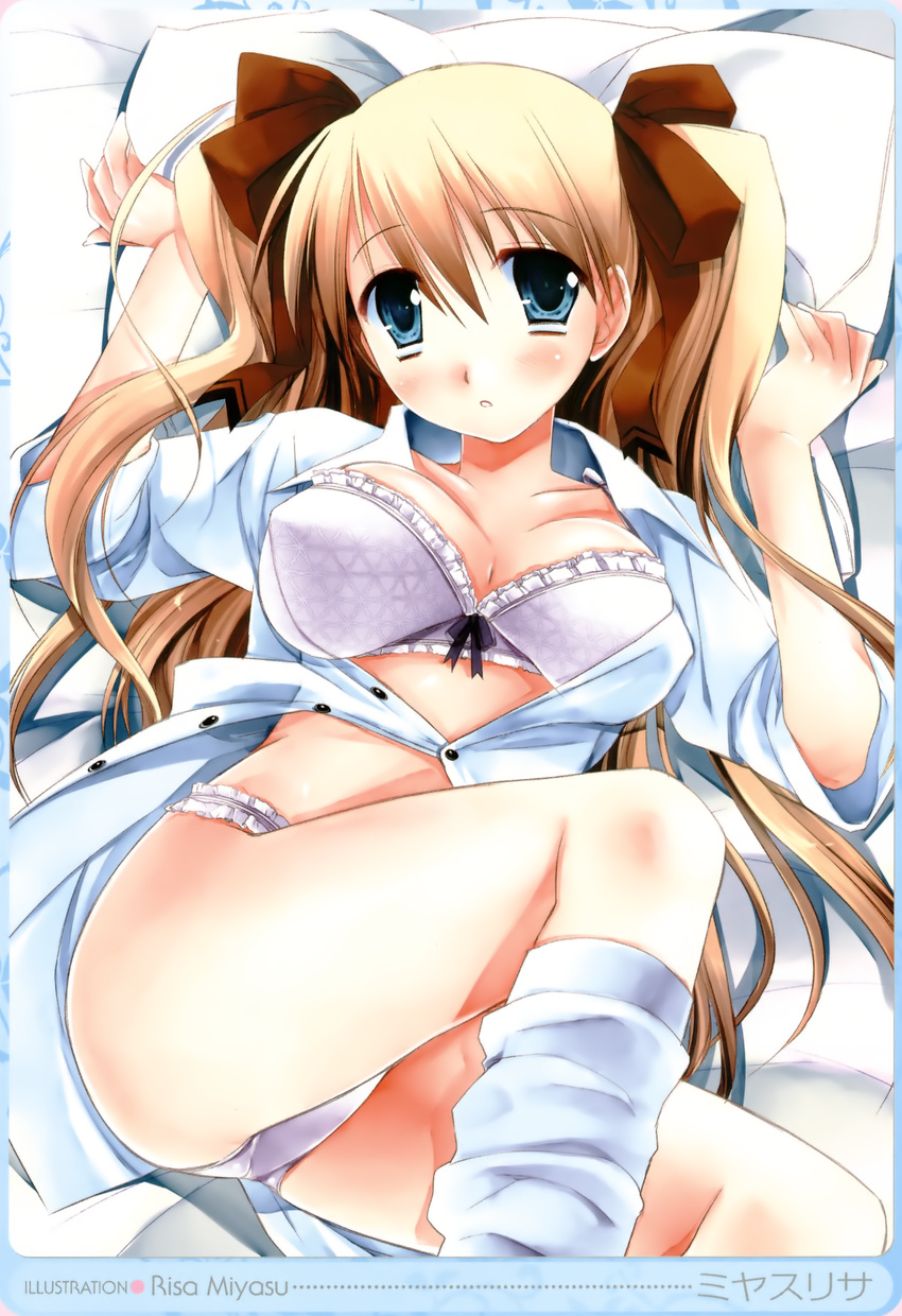:o absurdres blonde_hair blue_eyes blush bra breasts cleavage copyright_request covered_nipples dress_shirt highres large_breasts lying miyasu_risa open_clothes open_shirt panties pantyshot pillow purple_bra purple_panties shirt sleeves_rolled_up socks solo twintails two_side_up underwear