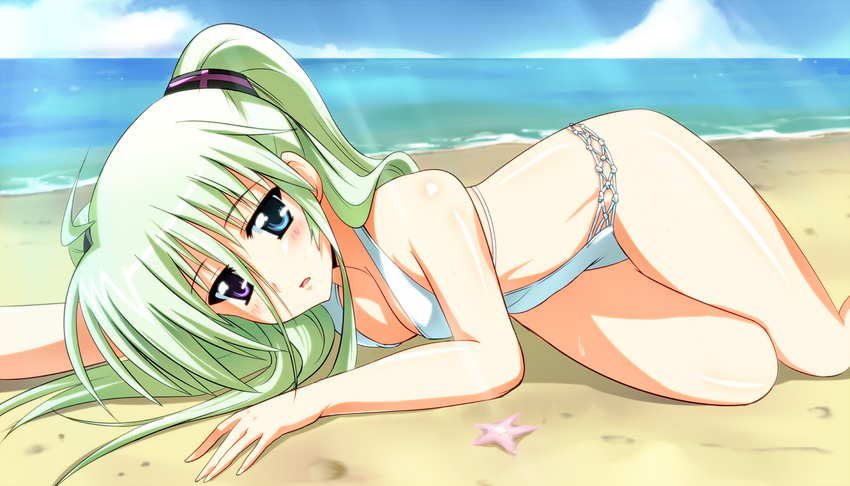 bad_id bad_pixiv_id bare_shoulders beach blush breasts cleavage day einhart_stratos green_hair heterochromia highres keemu_(occhoko-cho) long_hair lyrical_nanoha mahou_shoujo_lyrical_nanoha_vivid medium_breasts open_mouth outdoors solo swimsuit water