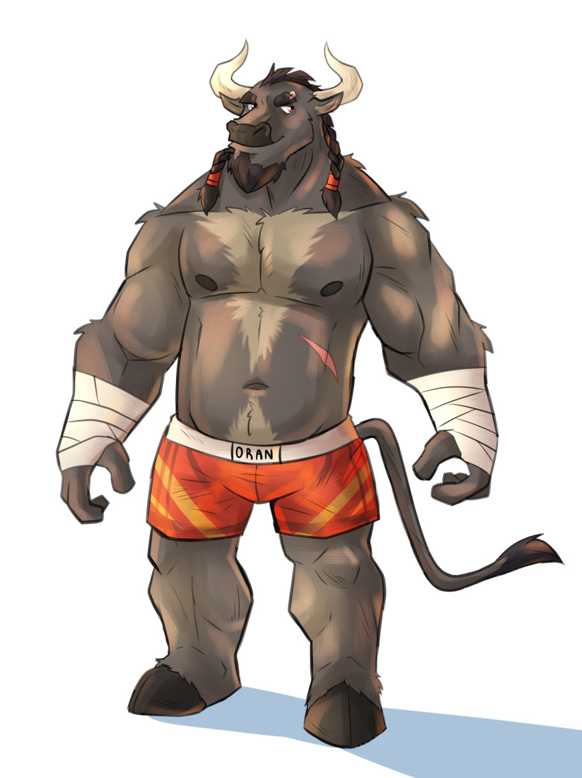 2023 abdominal_scar abs absurd_res anthro arm_wraps biceps body_hair bottomwear bovid bovine braided_hair cattle chest_hair clothed clothing deltoids facial_hair goatee grin hair hi_res hooves horn looking_aside male mammal manly musclegut muscular navel nipples obenpanda pecs scar shorts shorts_only simple_background smile solo standing topless topless_male triceps white_background wraps