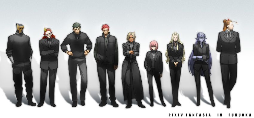 5girls azusa_(hws) black_hair blonde_hair blue_eyes blue_hair blue_skin bracelet brown_hair closed_eyes coat crossed_arms dark_skin formal ghost_in_the_shell ghost_in_the_shell_lineup ghost_in_the_shell_stand_alone_complex glasses gloves green_eyes hand_in_pocket hands_in_pockets hands_on_hips highlights highres jewelry lineup long_hair long_sleeves multicolored_hair multiple_boys multiple_girls necktie overcoat pant_suit pink_hair pixiv_fantasia pixiv_fantasia_5 pointy_ears profile red_eyes red_hair robot short_hair suit veronica_hammerschmidt very_long_hair