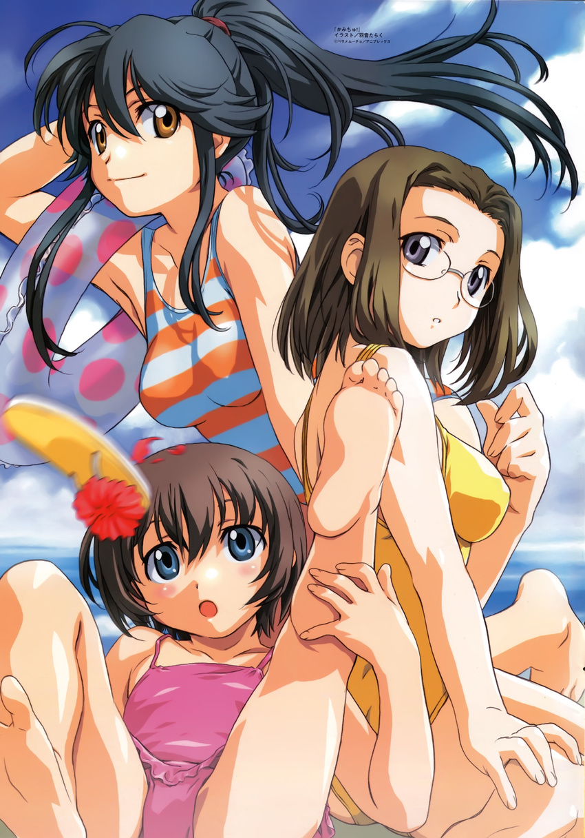 :o absurdres age_difference ahoge arm_up armpits ass back bangs barefoot beach black_hair blue_eyes blush breasts brown_hair casual_one-piece_swimsuit child cloud crotch day feet flat_chest floating_hair frilled_swimsuit frills glasses hair_between_eyes hand_on_foot hands highres hitotsubashi_yurie innertube kamichu! kneeling kneepits leaning_forward leg_up light_smile looking_at_viewer looking_back lying megami motion_blur multicolored multicolored_clothes multicolored_swimsuit multiple_girls ocean official_art on_back on_ground one-piece_swimsuit orange_eyes orange_swimsuit outdoors parted_lips pink_swimsuit polka_dot ponytail purple_eyes reclining rimless_eyewear saegusa_matsuri sandals sandals_removed scan scrunchie shijou_mitsue short_hair sidelocks sitting sky smile soles spread_legs striped striped_swimsuit swimsuit toes transparent uon_taraku wariza water yellow_swimsuit