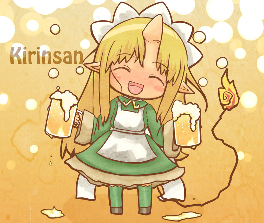 akihiyo alcohol apron beer blonde_hair blush_stickers chibi closed_eyes cup english fang fire foam futaba_channel horn kirin_(nijiura_maid) long_hair maid maid_headdress nijiura_maids open_mouth personification pointy_ears solo tail tail-tip_fire