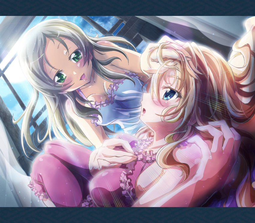 blue_eyes blush breasts brown_hair cleavage green_eyes highres houjou_hibiki inoshishi_(ikatomo) letterboxed long_hair lying medium_breasts minamino_kanade multiple_girls orange_hair precure suite_precure yuri