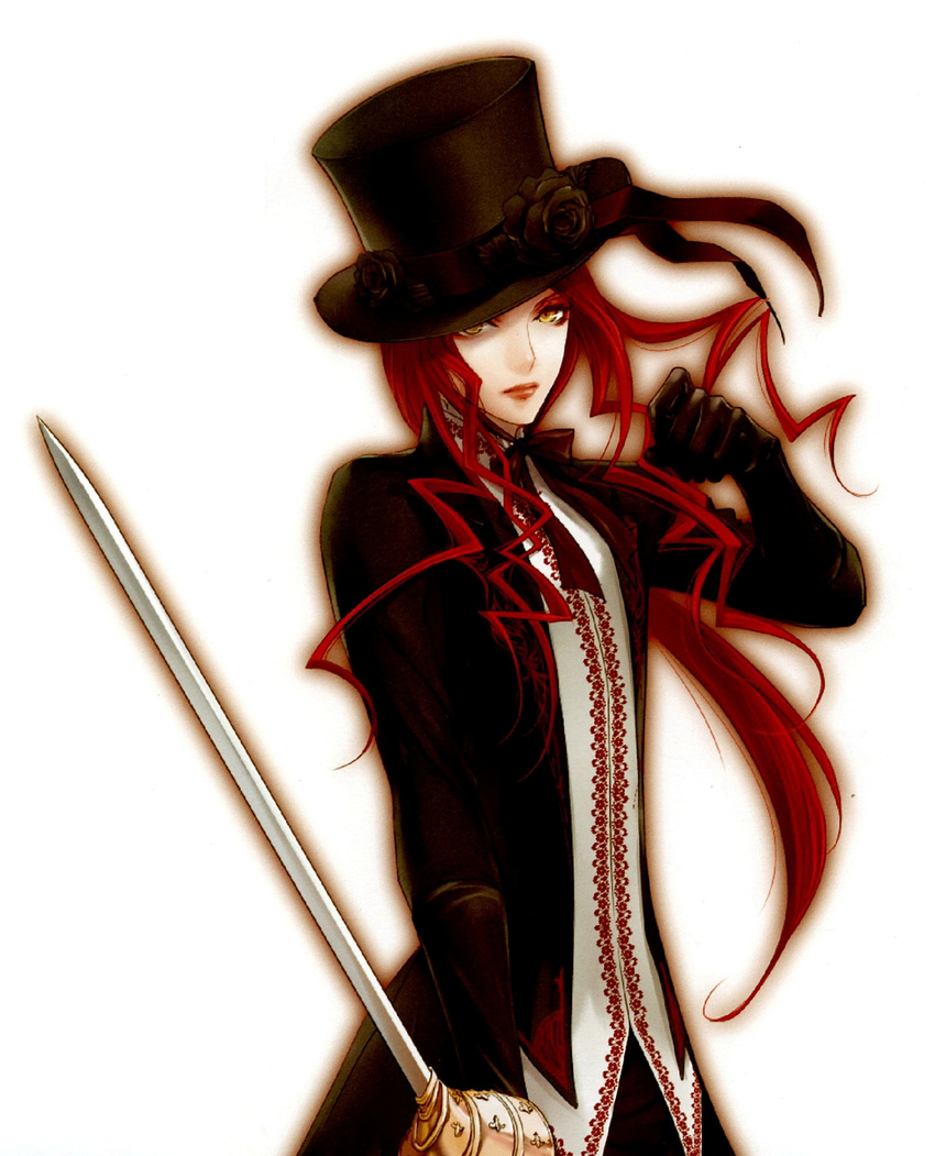 gyl hat long_hair male red_hair sword top_hat trap will_o_wisp yellow_eyes