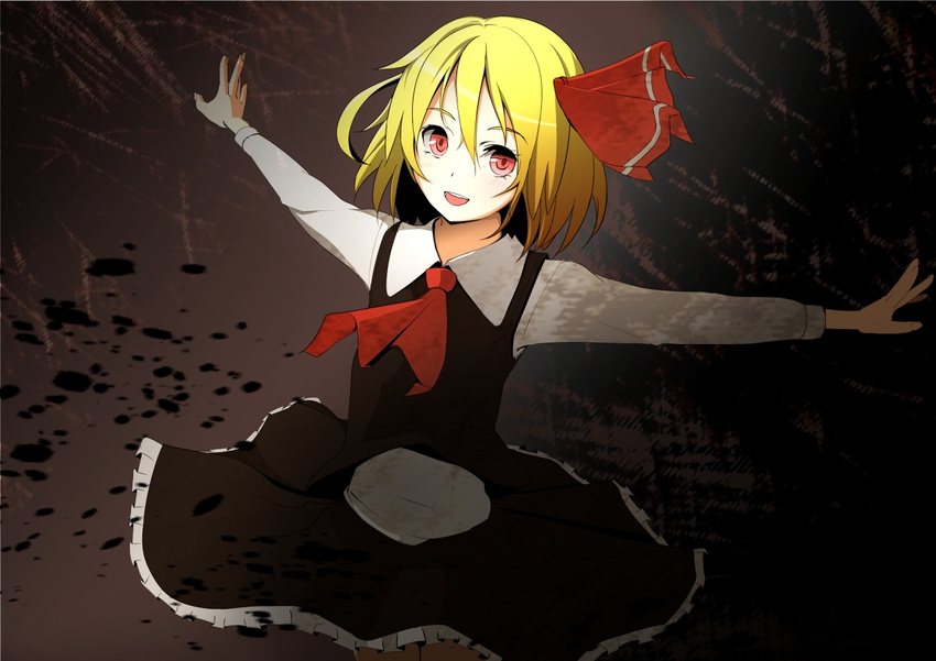 akasaka_shop bad_id bad_pixiv_id blonde_hair dark dress hair_ribbon open_mouth outstretched_arms red_eyes ribbon rumia short_hair solo spread_arms touhou