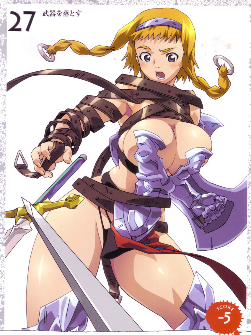 absurdres armor blonde_hair blue_eyes braid buckle hairband highres hisayuki_hirokazu leina open_mouth pov queen's_blade revealing_clothes shield short_hair_with_long_locks side_braid solo sword twin_braids weapon