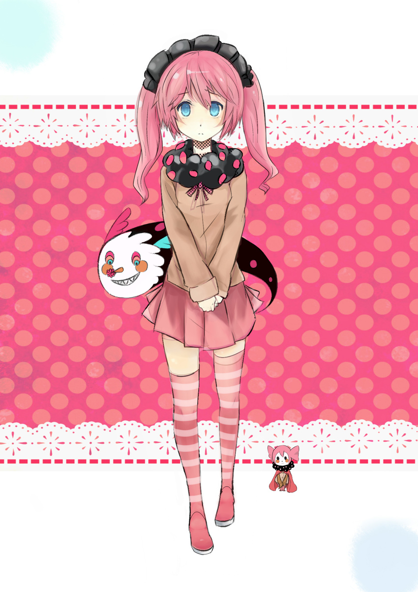 absurdres bad_id bad_pixiv_id blue_eyes charlotte_(madoka_magica) denny626 highres long_hair mahou_shoujo_madoka_magica miniskirt multicolored multicolored_eyes personification pink_hair pleated_skirt ribbon scarf skirt solo striped striped_legwear thighhighs twintails