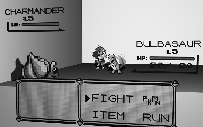8_bit bulbasaur charmander fight fire gary_oak greyscale monochrome nintendo pixellated pok&#233;mon pok&eacute;mon unknown_artist video_games