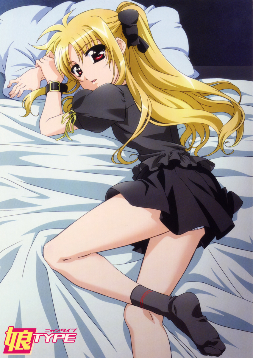 absurdres bed bedsheet blonde dress fate_testarossa high_res long_hair mahou_shoujo_lyrical_nanoha mahou_shoujo_lyrical_nanoha_a's mahou_shoujo_lyrical_nanoha_the_movie_1st nyantype okuda_yasuhiro pantsu pillow red_eyes socks