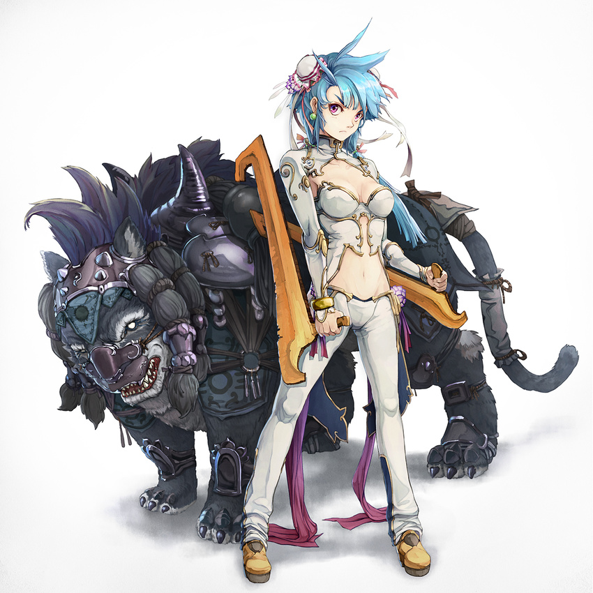 animal armor blade blue_hair chinese_clothes double_buns hair_buns oppai purple_eyes tent_(pabell) tiger weapon