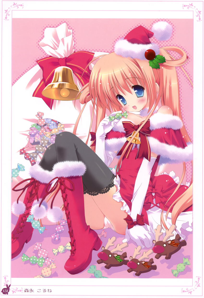 :d absurdres bell black_legwear blonde_hair blue_eyes boots christmas copyright_request hat highres knees_together_feet_apart lace lace-trimmed_thighhighs morinaga_korune open_mouth panties pantyshot reindeer santa_costume santa_hat smile thighhighs underwear white_panties