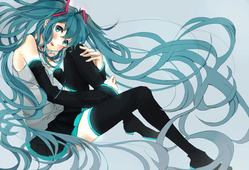 aqua_eyes aqua_hair bad_id bad_pixiv_id blush boots detached_sleeves fly_(marguerite) hatsune_miku leg_hug long_hair open_mouth simple_background sitting skirt solo thigh_boots thighhighs twintails very_long_hair vocaloid