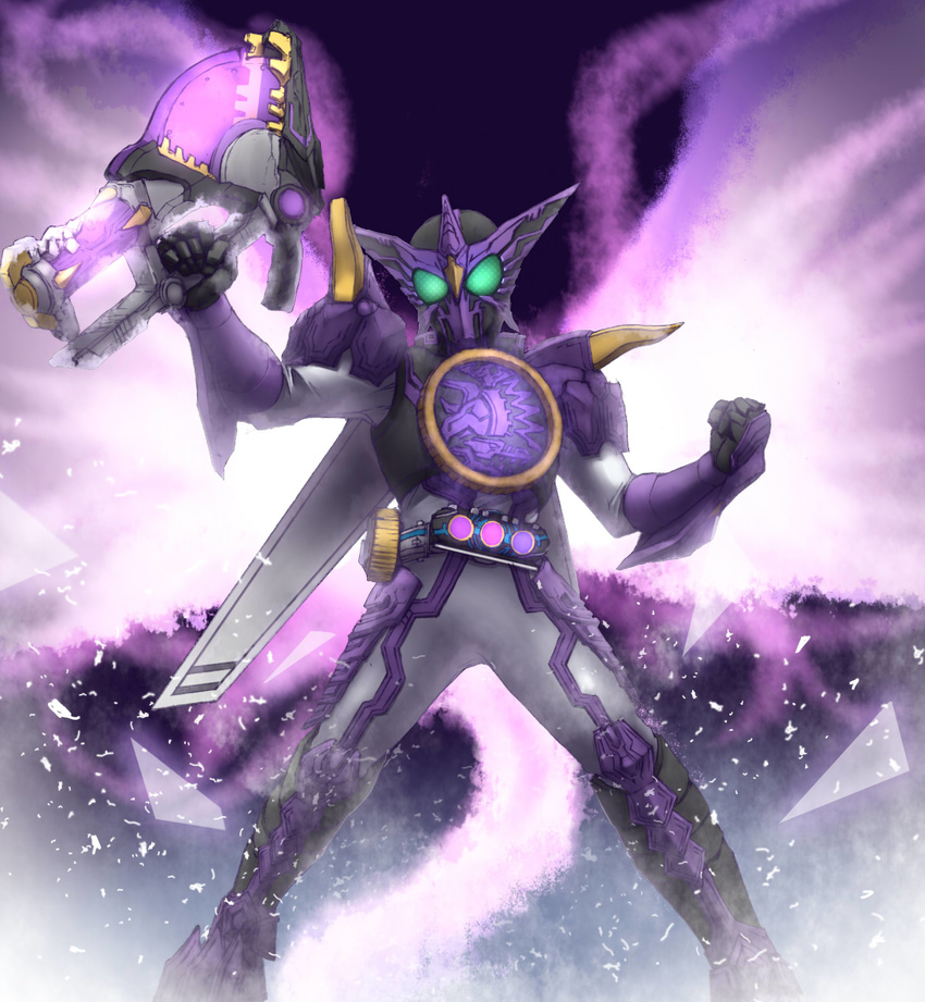 axe bad_id bad_pixiv_id belt dn22059 glowing glowing_eyes highres ice kamen_rider kamen_rider_ooo kamen_rider_ooo_(series) male_focus purple putotyra_(ooo_combo) solo weapon wings