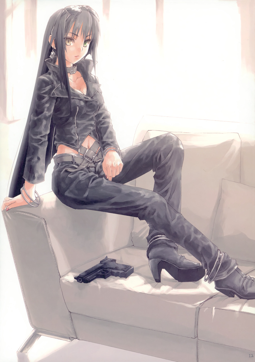 absurdres black_hair breasts cleavage collar copyright_request couch earrings gun highres jacket jewelry konoe_ototsugu leather leather_jacket leather_pants long_hair medium_breasts pants shoes sitting very_long_hair weapon yellow_eyes