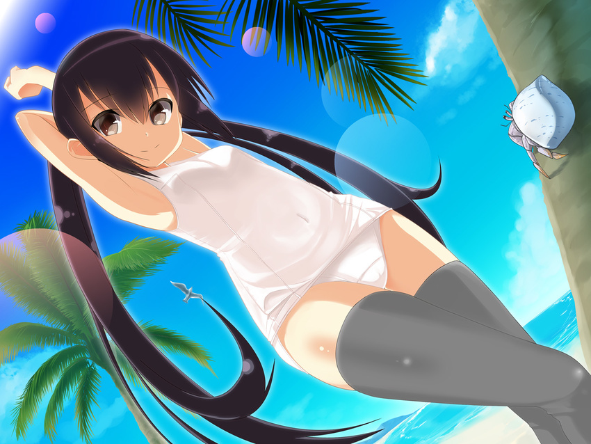 arms_up bad_id bad_pixiv_id black_hair brown_eyes day dutch_angle grey_legwear k-on! long_hair masamuuu nakano_azusa one-piece_swimsuit school_swimsuit solo swimsuit thighhighs twintails white_school_swimsuit white_swimsuit