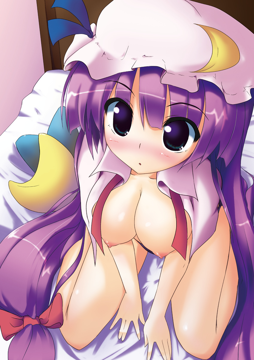 absurdres bed blush breasts cleavage crescent hair_ribbon hat highres large_breasts long_hair nipples open_clothes open_shirt patchouli_knowledge pilky purple_eyes purple_hair ribbon shirt solo touhou very_long_hair