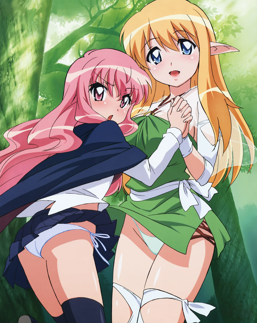 absurdres blonde_hair blue_eyes blue_panties blush cape elf fujii_masahiro green_panties halterneck highres holding_hands louise_francoise_le_blanc_de_la_valliere multiple_girls panties pink_eyes pink_hair pinup pointy_ears see-through side-tie_panties skirt smile thighhighs tiffania_westwood underwear upskirt zero_no_tsukaima