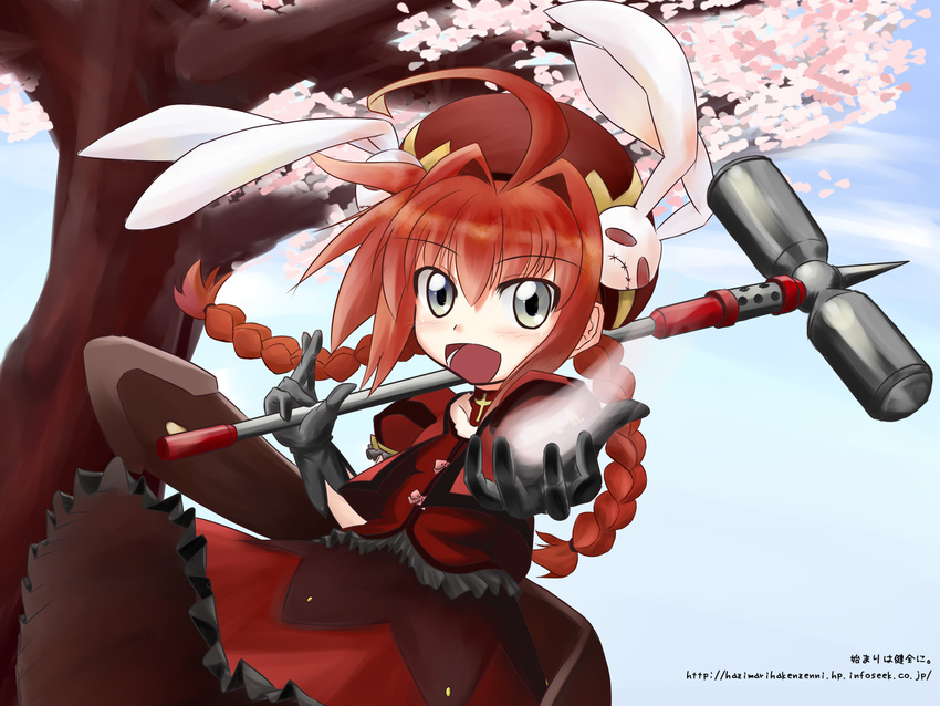 ashida_ichirou cherry_blossoms day dress graf_eisen hammer highres holding holding_weapon looking_at_viewer looking_back lyrical_nanoha mahou_shoujo_lyrical_nanoha mahou_shoujo_lyrical_nanoha_a's mahou_shoujo_lyrical_nanoha_strikers outdoors plant red_dress red_hair silver_eyes solo spikes spring_(season) tree vita weapon
