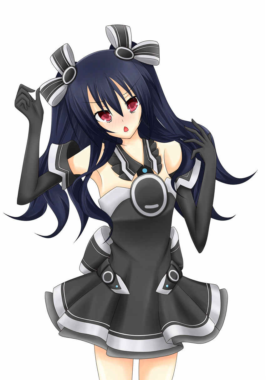 1girl black_gloves black_hair black_ribbon black_sister blush choujigen_game_neptune choujigen_game_neptune_mk2 compile_heart dress elbow_gloves female gloves gust highres idea_factory long_hair mas2000 neptune_(series) nippon_ichi red_eyes ribbon solo twintails uni_(choujigen_game_neptune) uni_(neptune)