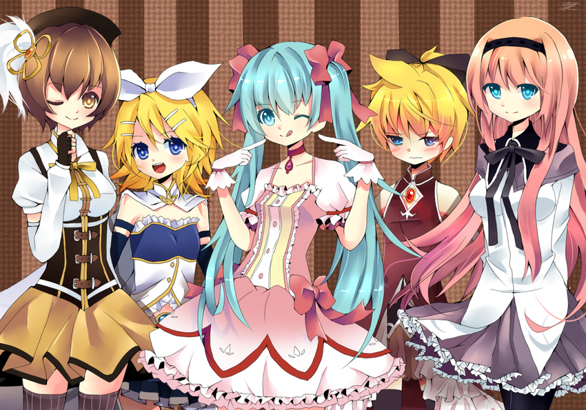 4girls :q akemi_homura akemi_homura_(cosplay) aqua_eyes aqua_hair bad_id bad_pixiv_id bare_shoulders beret black_legwear blonde_hair blue_eyes blush bow brother_and_sister brown_hair cape choker cosplay crossdressing detached_sleeves dress feathers fingerless_gloves floren_(mel-vivi) gloves hair_bow hair_ornament hair_ribbon hairclip hat hatsune_miku kagamine_len kagamine_rin kaname_madoka kaname_madoka_(cosplay) long_hair magical_girl mahou_shoujo_madoka_magica megurine_luka meiko miki_sayaka miki_sayaka_(cosplay) multiple_girls one_eye_closed open_mouth pantyhose pink_hair puffy_sleeves red_choker ribbon sakura_kyouko sakura_kyouko_(cosplay) short_hair siblings skirt smile striped striped_legwear thighhighs tomoe_mami tomoe_mami_(cosplay) tongue tongue_out twins twintails very_long_hair vocaloid zettai_ryouiki