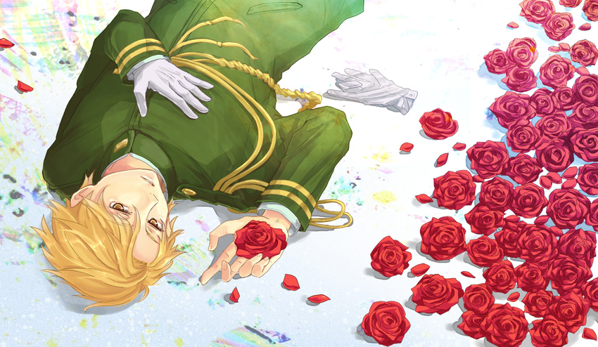agemaki_kei aiguillette blonde_hair flower gloves lying male_focus military military_uniform on_back otome_youkai_zakuro petals red_flower red_rose rose rose_petals sesto single_glove solo uniform upside-down yellow_eyes