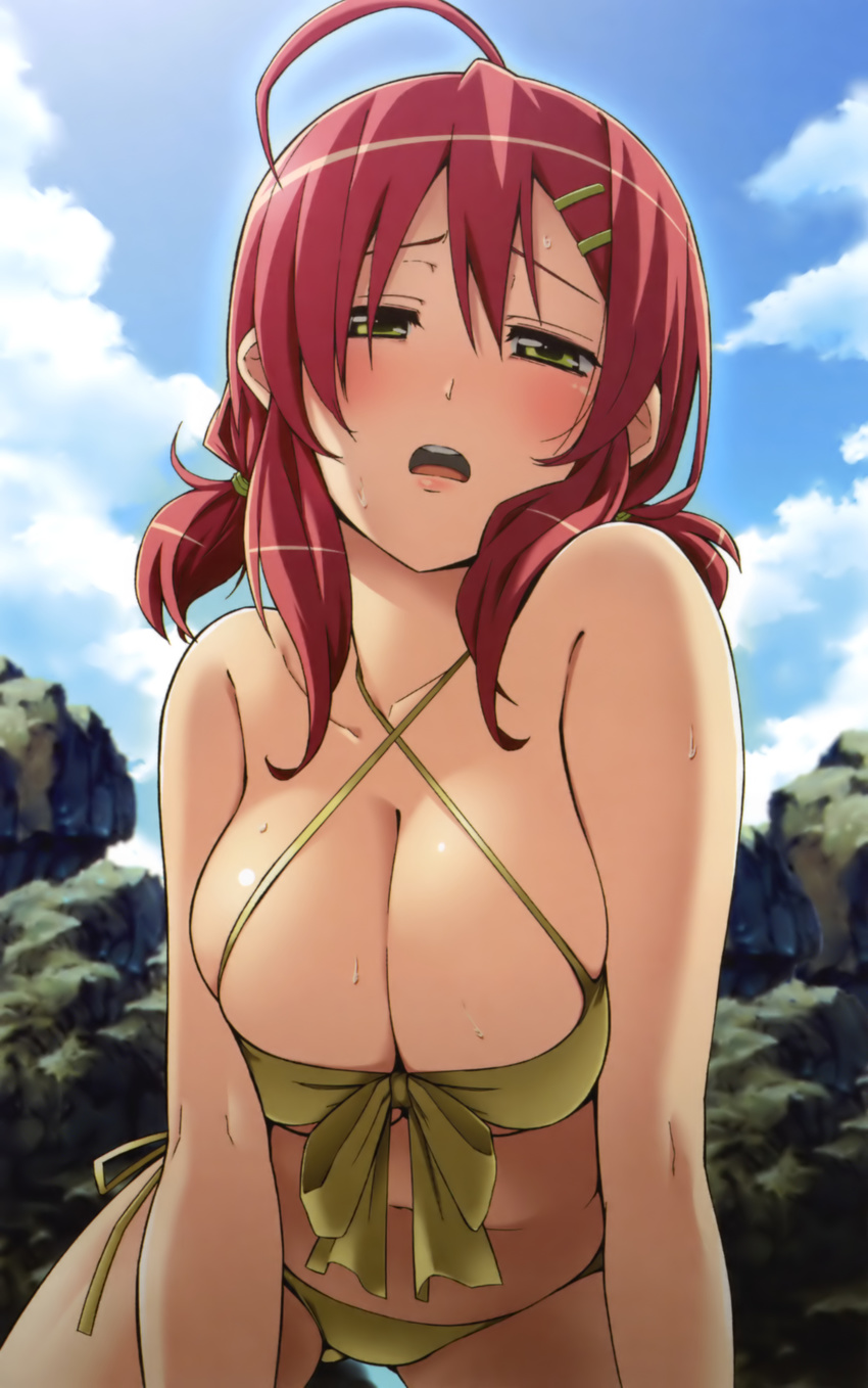 absurdres ahoge bikini blush breasts cleavage criss-cross_halter d: day deardrops front-tie_top fujimaru_(bluebrand) hair_ornament hairclip halter_top halterneck highres large_breasts looking_at_viewer low_twintails naughty_face navel open_mouth outdoors red_hair sakurai_kanade_(deardrops) side-tie_bikini solo sweat swimsuit twintails yellow_eyes