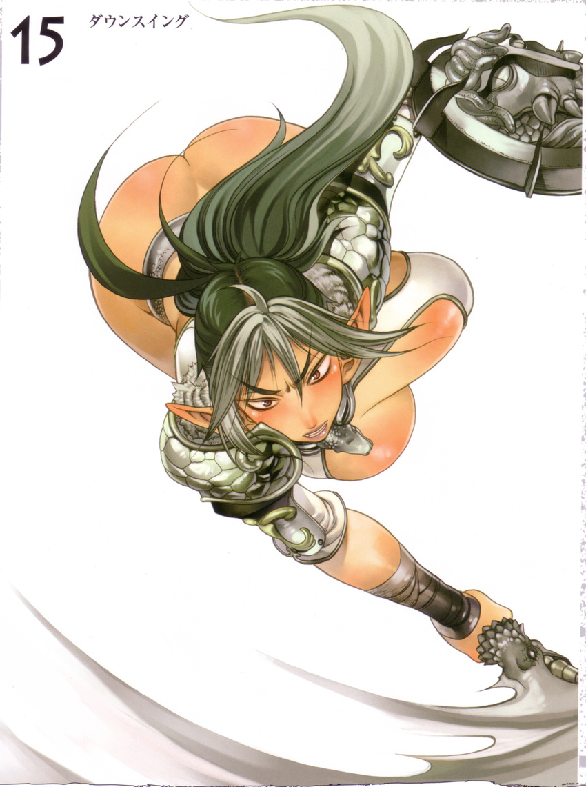 absurdres angry armor ass attack attacking_viewer bangs bent_over bikini_armor black_hair blush body_blush bouncing_breasts breasts card_(medium) center_opening clenched_teeth crop_top dark_elf echidna elf eyebrows_visible_through_hair f.s. floating_hair full_body fur_trim gorgon grey_hair hair_between_eyes hanging_breasts highres holding holding_shield holding_sword holding_weapon huge_breasts large_breasts lips lipstick living_clothes long_hair long_pointy_ears looking_at_viewer makeup motion_blur multicolored_hair no_panties number official_art outstretched_arms parted_bangs parted_lips pauldrons pointy_ears ponytail queen's_blade red_eyes revealing_clothes scales scan scowl sharp_teeth shield short_sleeves sidelocks simple_background slit_pupils snake snake_hair solo sword teeth thighhighs translated two-tone_hair v-shaped_eyebrows weapon white_background wrist_wrap