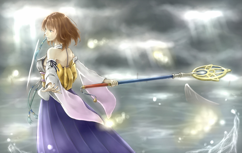 au breasts brown_hair detached_sleeves final_fantasy final_fantasy_x hair_ornament hakama holding holding_wand japanese_clothes jewelry medium_breasts purple_hakama short_hair simple_background solo staff wand yuna_(ff10)