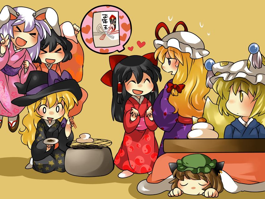 &gt;_&lt; :d bad_id bad_pixiv_id chen chibi closed_eyes fox_tail grill hakurei_reimu hammer_(sunset_beach) highres inaba_tewi japanese_clothes kimono kirisame_marisa kotatsu multiple_girls multiple_tails new_year open_mouth reisen_udongein_inaba shichirin smile table tail touhou xd yakumo_ran yakumo_yukari