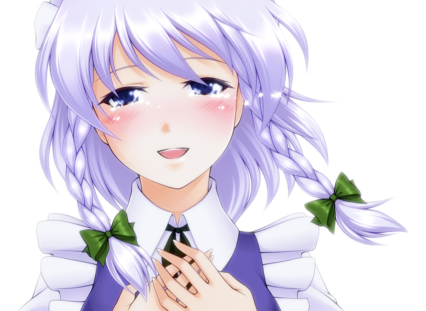 blue_dress blue_eyes blush bow braid close-up confession dress genjuu_rou hair_bow hands_on_own_chest happy_tears izayoi_sakuya looking_at_viewer maid open_mouth short_hair silver_hair smile solo tears touhou twin_braids