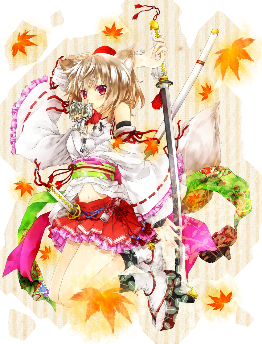 adapted_costume animal_ears bad_id bad_pixiv_id bell blonde_hair clog_sandals colored_eyelashes dual_persona embellished_costume hat highres inubashiri_momiji japanese_clothes jingle_bell katana kikumon kujaku_renka leaf maple_leaf midriff minigirl miniskirt mouth_hold multiple_girls navel obi petticoat pleated_skirt red_eyes sash seigaiha shiny shiny_hair silver_hair skirt sword tail tassel tokin_hat touhou weapon wolf_ears wolf_tail