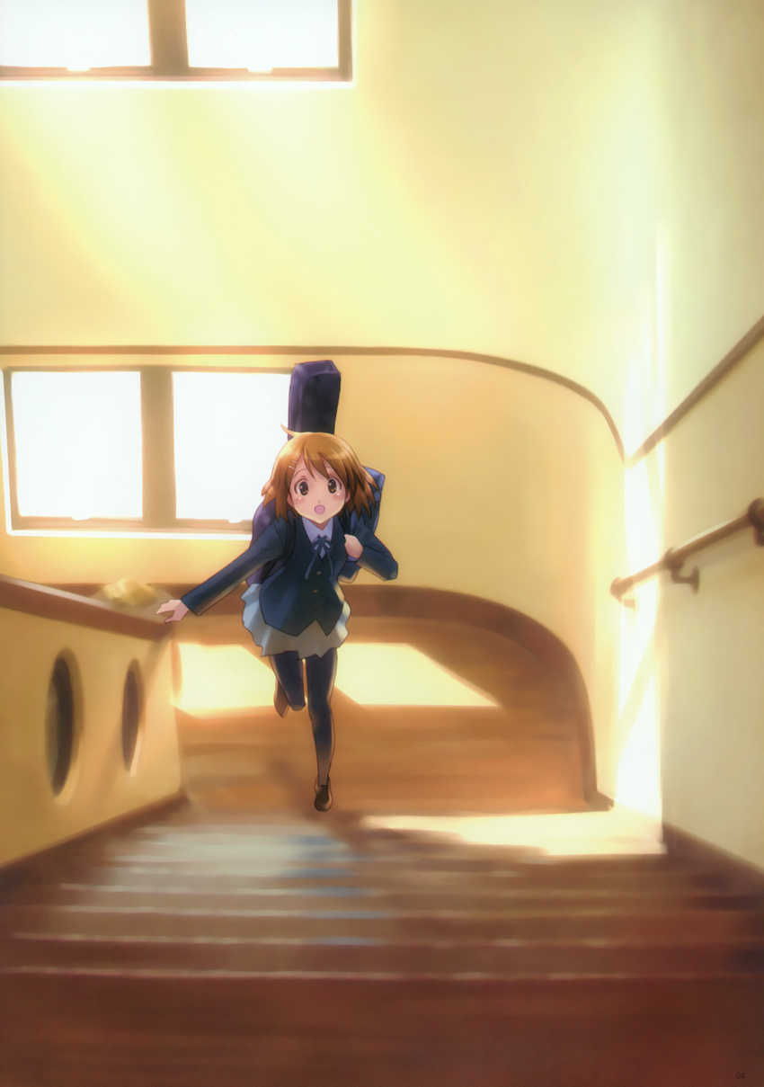 absurdres black_legwear blush brown_eyes brown_hair goto_p highres hirasawa_yui k-on! long_sleeves looking_at_viewer open_mouth pantyhose scan short_hair skirt smile solo stairs