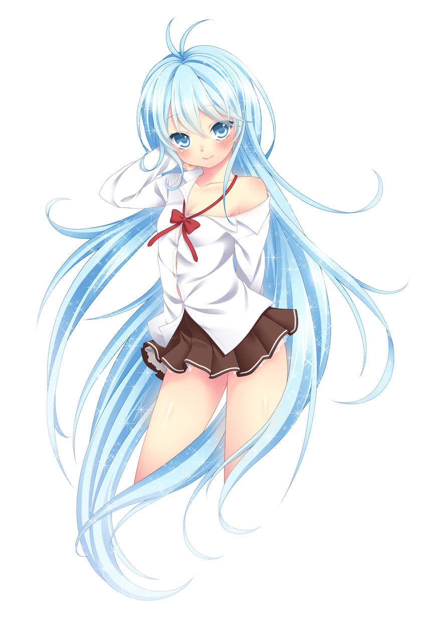 ahoge arm_behind_back bad_id bad_pixiv_id bare_legs bare_shoulders blue_eyes blue_hair blush denpa_onna_to_seishun_otoko etou_(cherry7) hand_in_hair highres light_smile long_hair looking_at_viewer off_shoulder pleated_skirt shiny shiny_skin simple_background skirt smile solo sparkle touwa_erio very_long_hair white_background