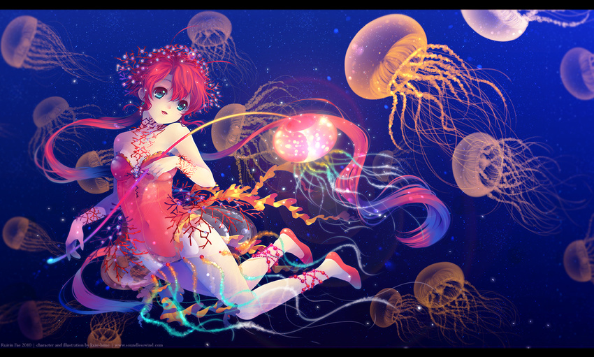 ahoge blue_eyes jellyfish jewelry kaze-hime long_hair open_mouth original ponytail red_hair solo underwater