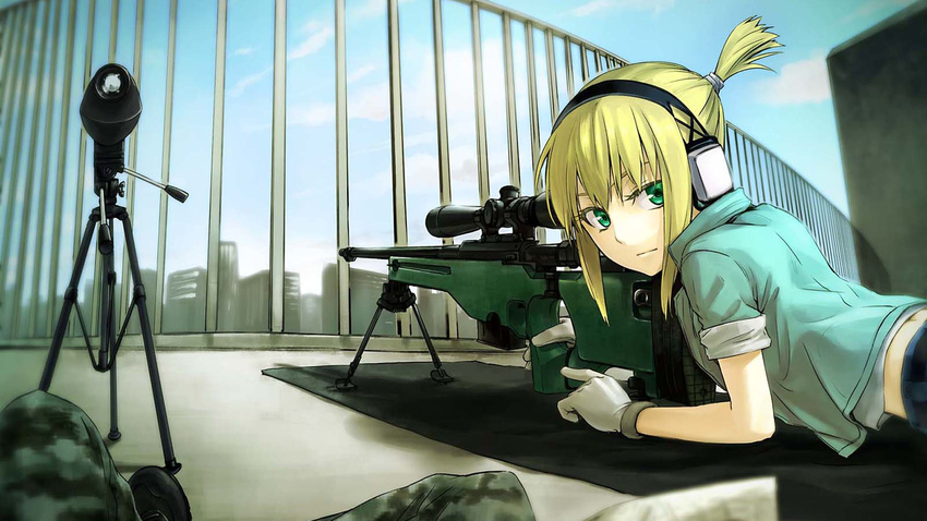 ) black_thighhighs blonde bolt_action building cloud gloves green_eyes gun hair_ribbon headphones iris_(material_sniper) jacket material_sniper ponytail ribbon rifle scope shorts sleeves_rolled_up sniper_rifle target thighhighs trigger_discipline weapon