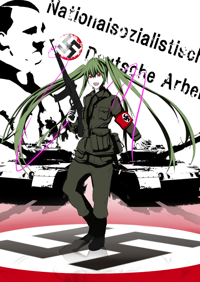 absurdres adolf_hitler assault_rifle boots commentary_request german green_hair ground_vehicle gun hatsune_miku highres laughing long_hair military military_vehicle motor_vehicle nazi real_life real_life_insert red_eyes rifle stg44 swastika tank translated twintails type_90_kyu-maru uniform very_long_hair vocaloid weapon zenith