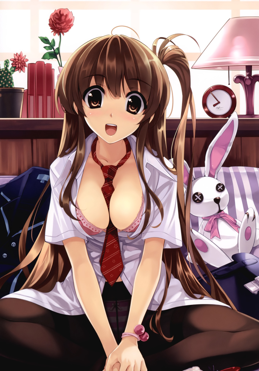 :d absurdres amami_anzu between_breasts bra breasts brown_hair bunny cactus cleavage clock comic_aun copyright_request crotch_seam flower highres lamp lingerie long_hair medium_breasts misaki_kurehito necktie one_side_up open_clothes open_mouth open_shirt original panties panties_under_pantyhose pantyhose scan shirt sitting smile solo stuffed_animal stuffed_bunny stuffed_toy underwear