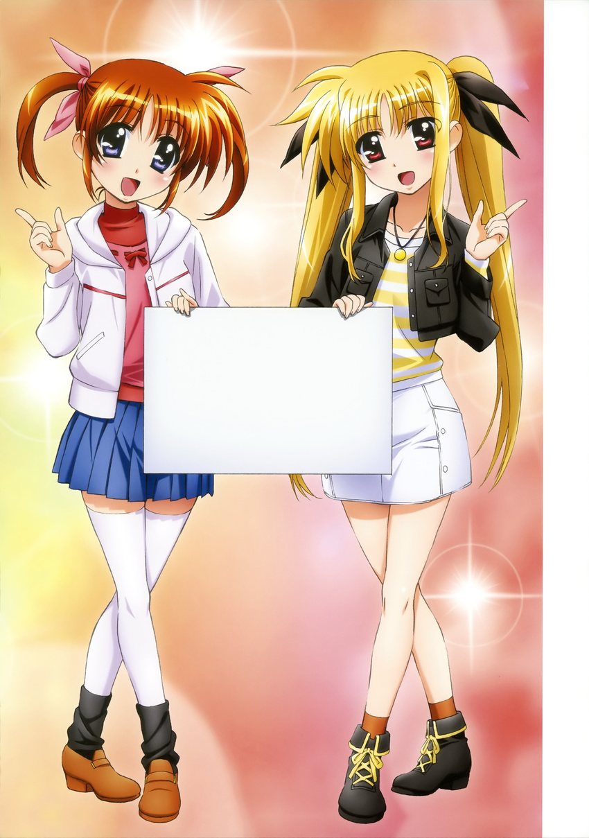 absurdres blonde_hair brown_hair casual exploitable fate_testarossa highres holding holding_sign legs long_hair lyrical_nanoha mahou_shoujo_lyrical_nanoha mahou_shoujo_lyrical_nanoha_the_movie_1st multiple_girls non-web_source okuda_yasuhiro open_mouth pointing purple_eyes red_eyes short_twintails sign takamachi_nanoha thighhighs twintails very_long_hair white_legwear zettai_ryouiki