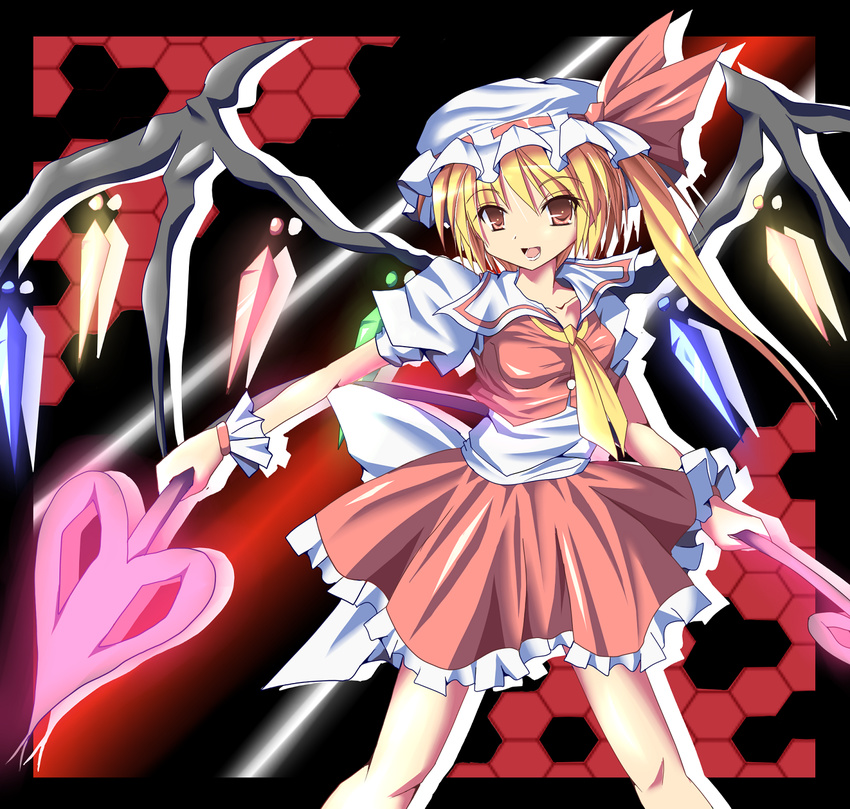 blonde flandre_scarlet hat laevatein luna_(gunfire) open_mouth ponytail red_eyes short_hair side_ponytail smile touhou weapon wings